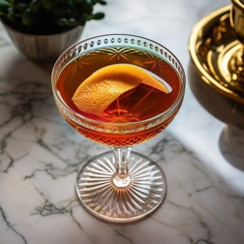 Bärnstensfärgad aperitif med apelsinskal i ett coupeglas